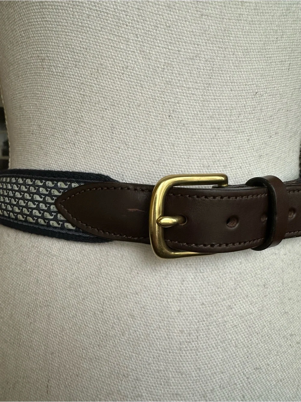 Vineyard Vines Navy Whale-Print Webbing Belt with Brown Leather Trim Size 30